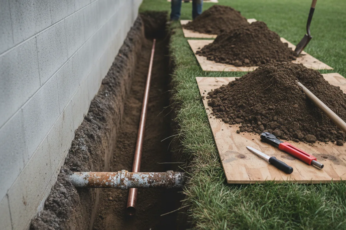 Excavated water line trench during Water Heater Repair in Starr
